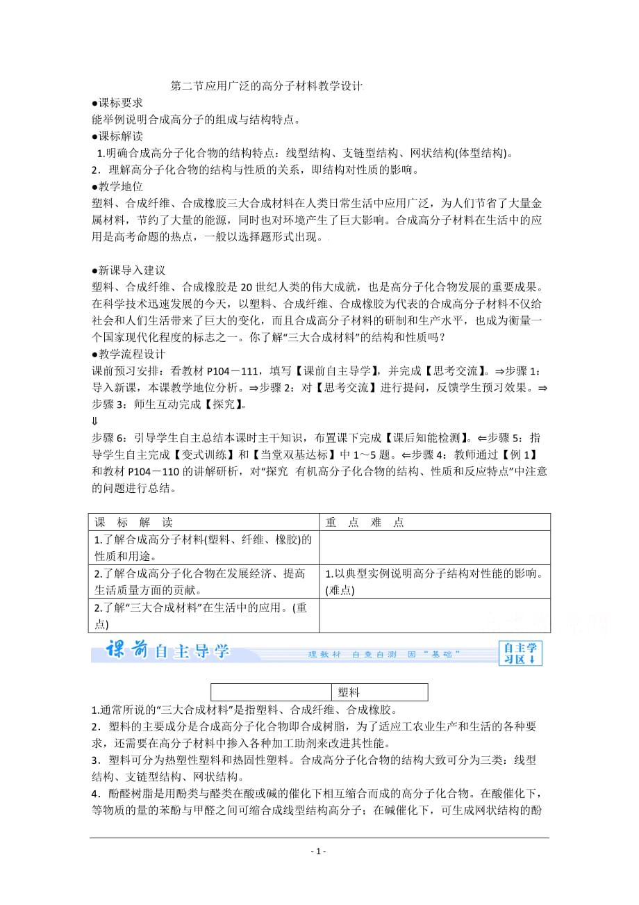 2015年化学人教版选修5教案：5-2 应用广泛的高分子材料_第1页