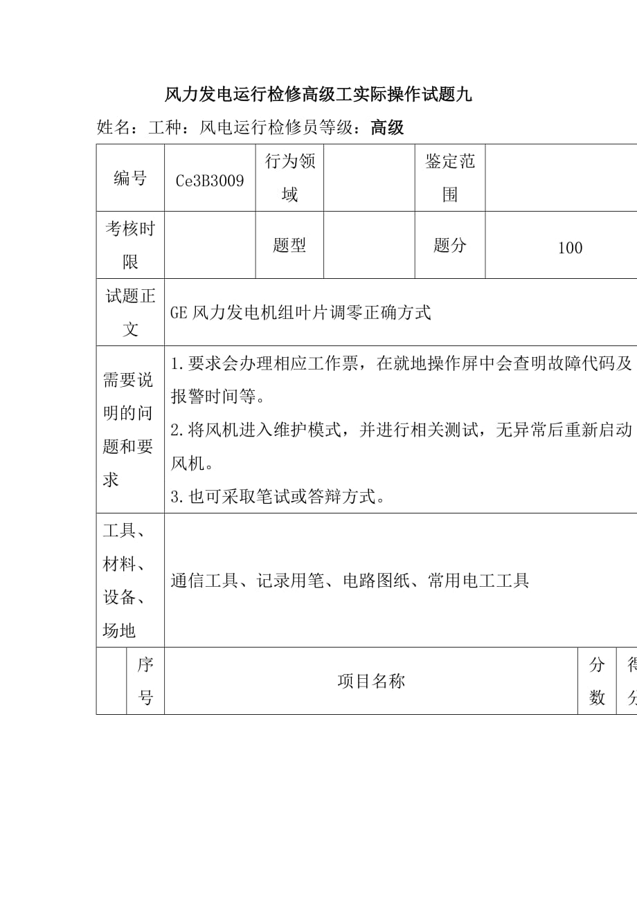 风力发电运行检修高级工实际操作试题九_第1页