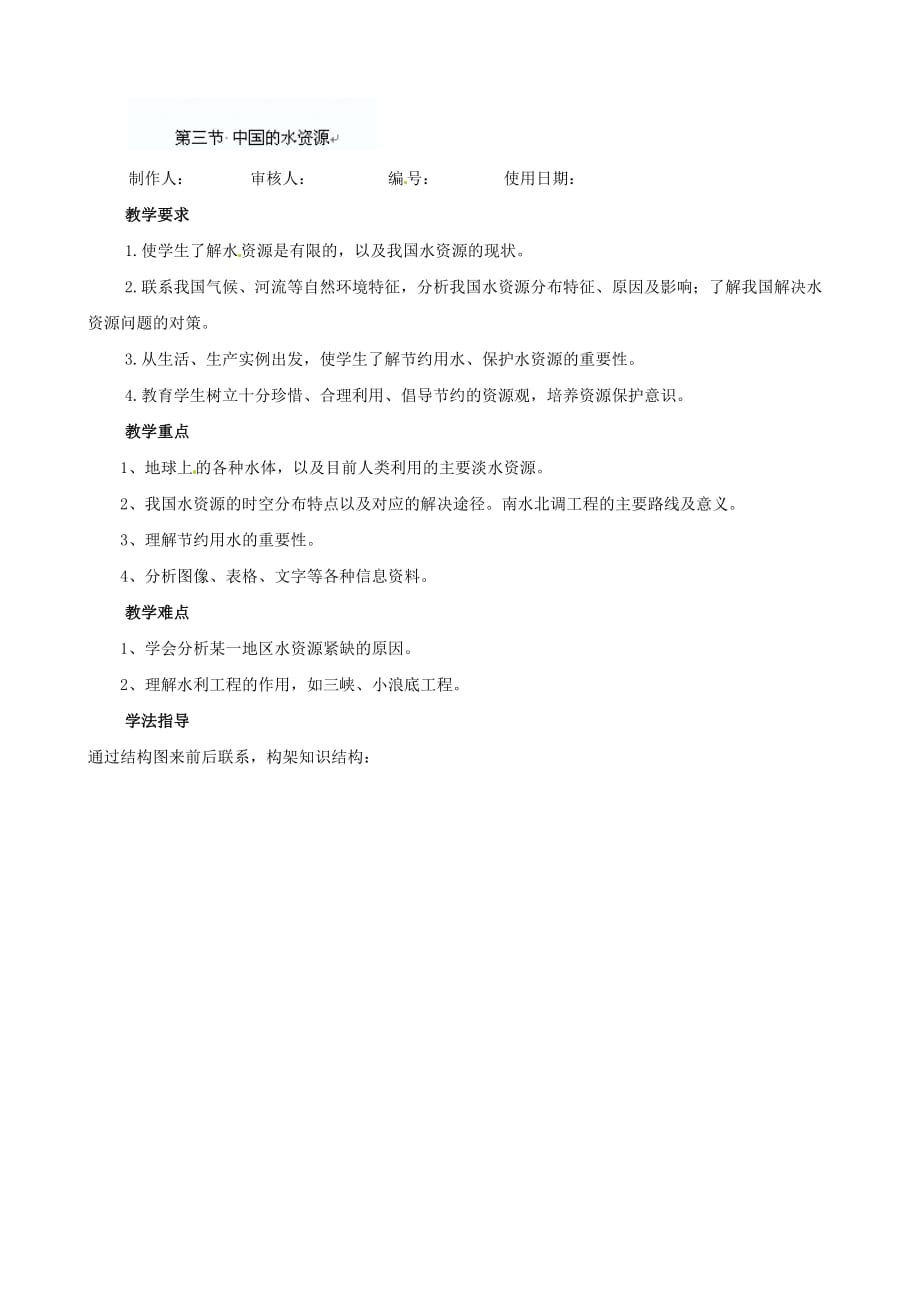 河北省兴隆县半壁山中学八年级地理《第三节 中国的水资源》导学案_第1页