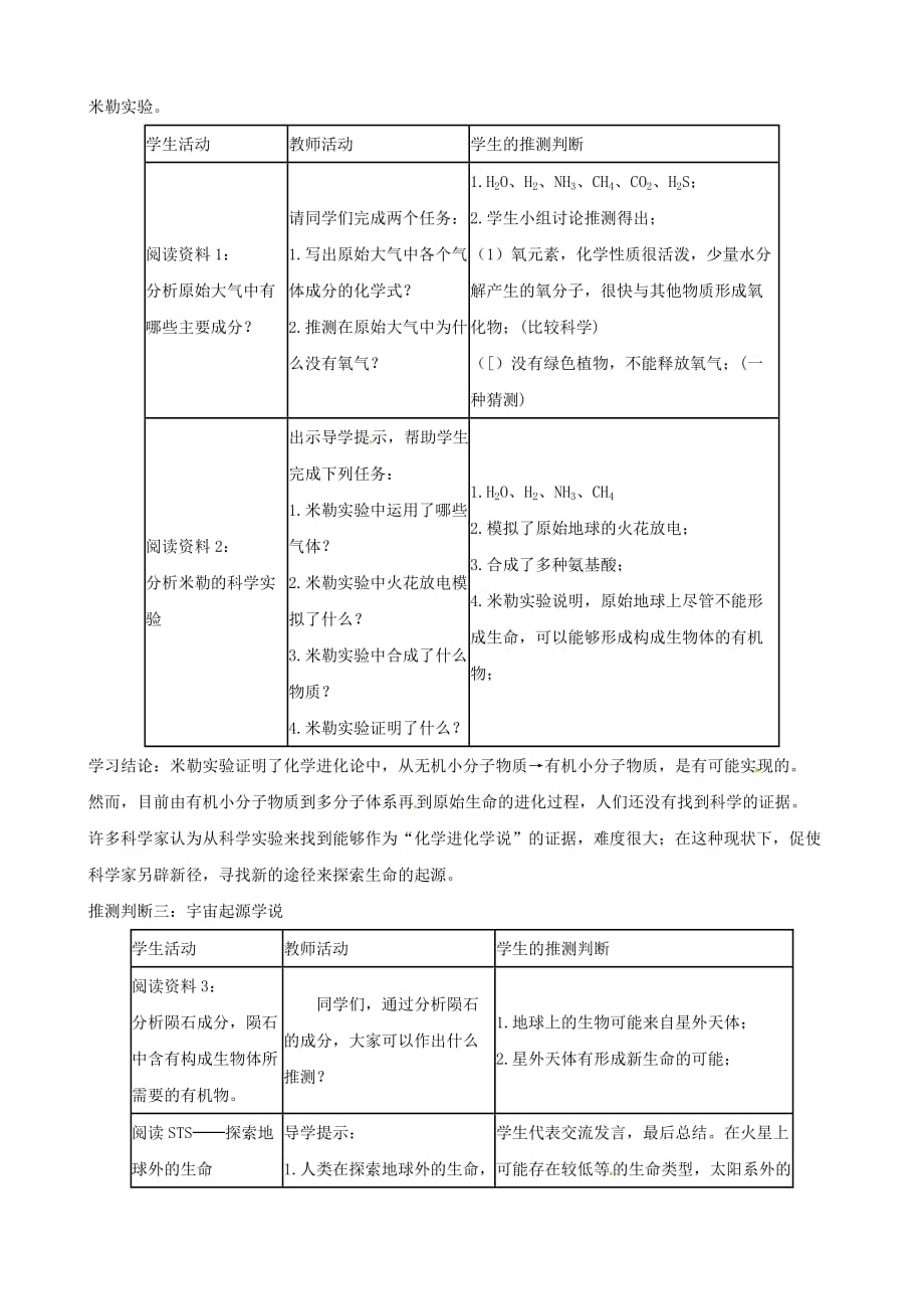 人教版八年级下册生物：7.3.1 地球上生命的起源【教案1】_第2页