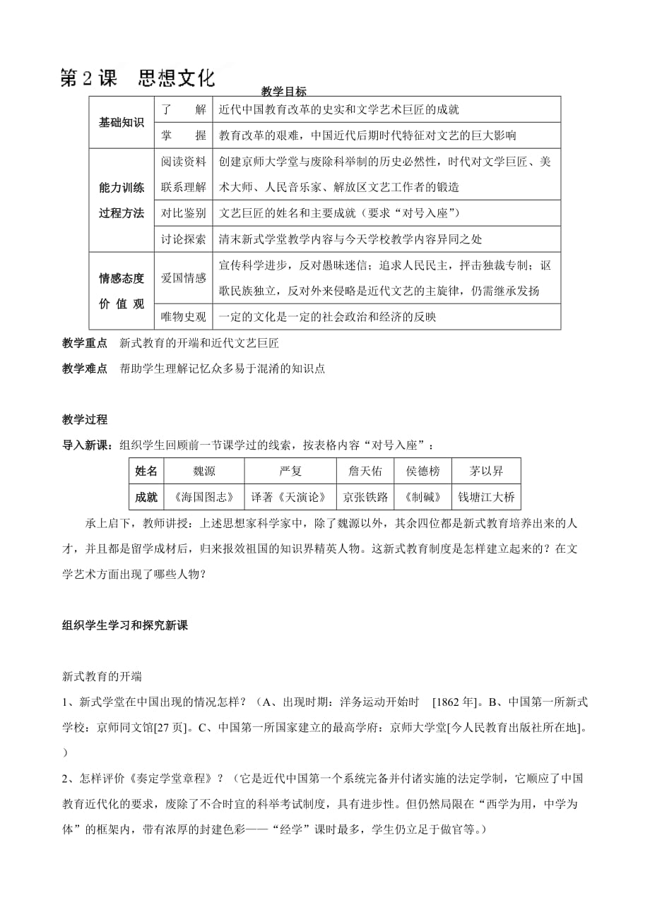 四川省宜宾县复龙初级中学八年级历史上册教案：第七学习主题 科学技术与思想文化第2课 思想文化 （川教版）_第1页