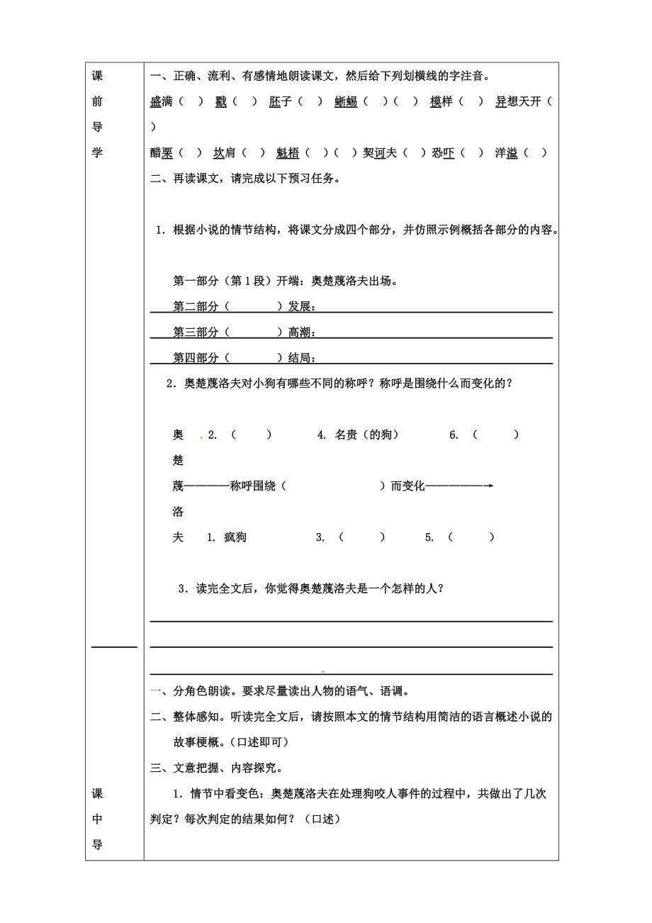 语文：湖北省武汉市陆家街中学 变色龙第一课时 学案（人教版九年级下）_第3页