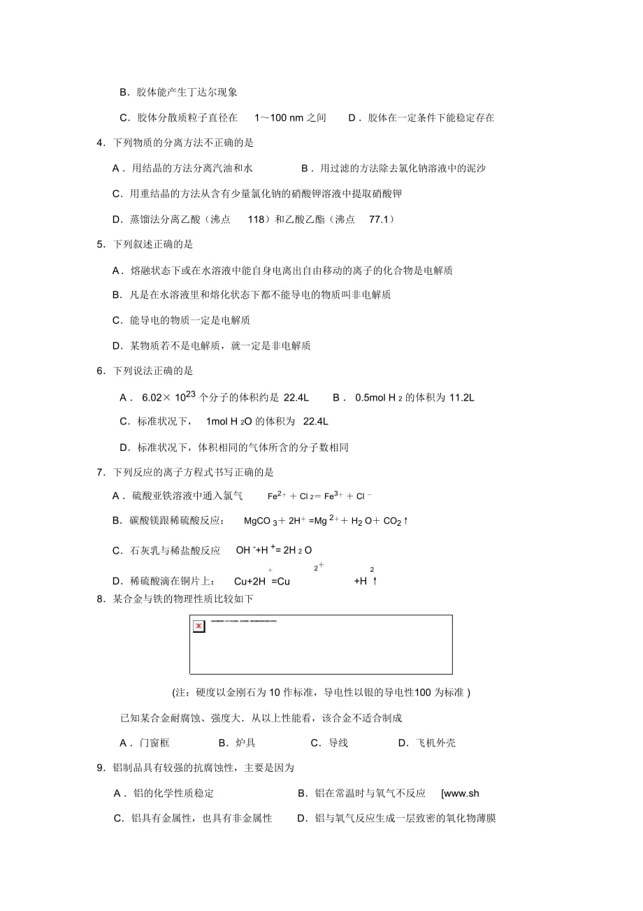 吉林省长春市2019-2020学年高一上学期期末考试化学(理)试题Word版含答案_第2页