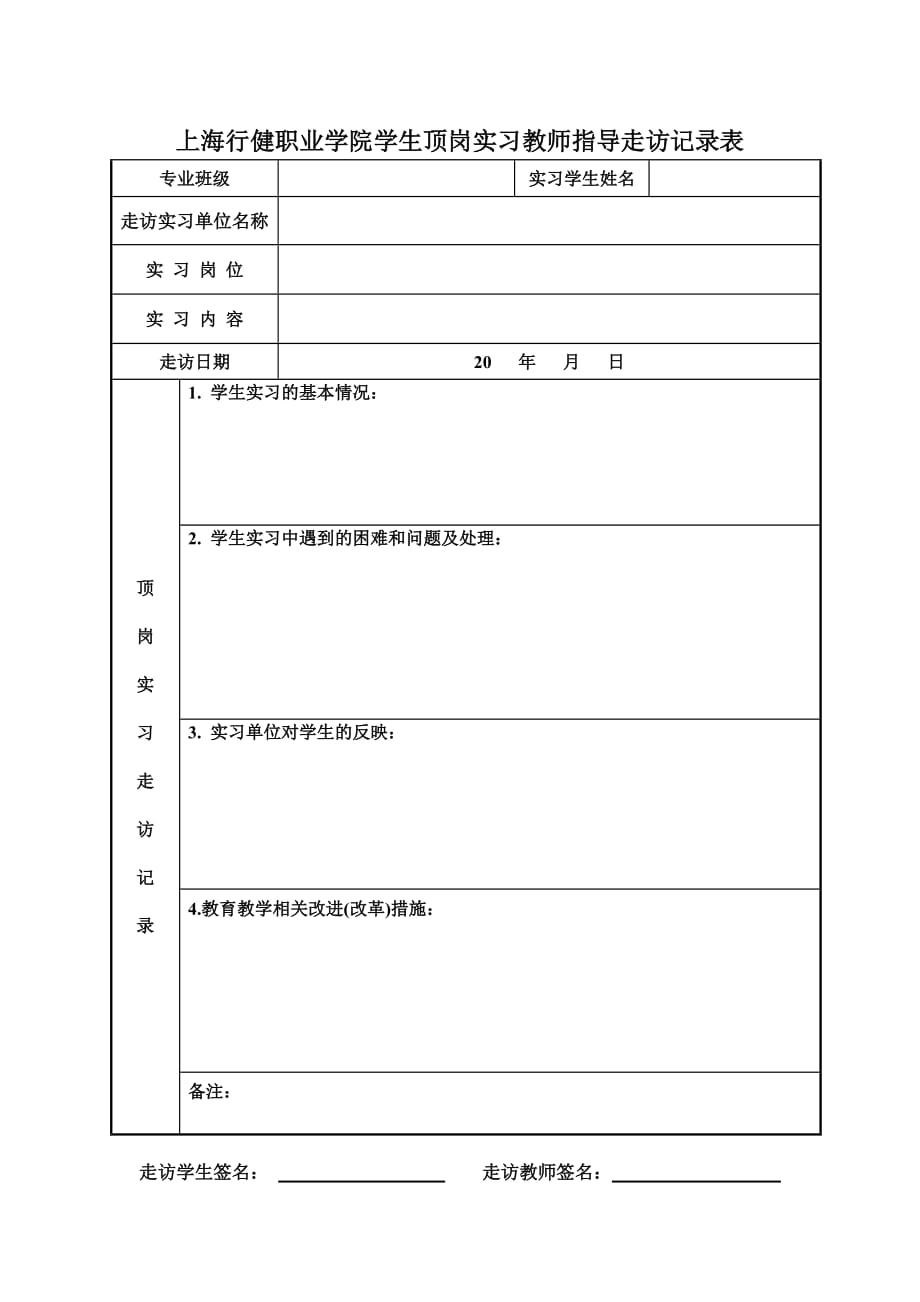 上海行健职业学院学生顶岗实习教师走访记录表doc_第1页