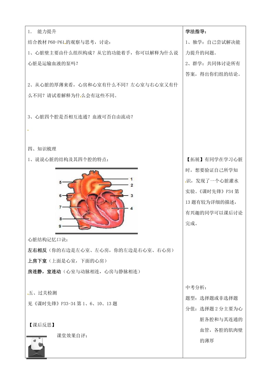 湖南省望城县金海双语实验学校七年级生物下册《输送血液的泵——心脏 第1课时》导学案_第3页