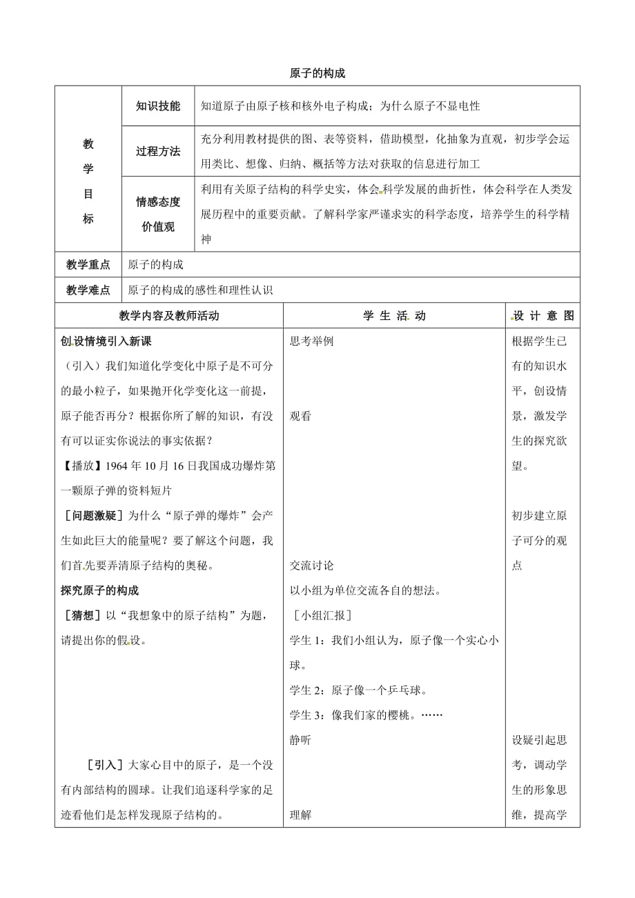 甘肃省武威市凉州区永昌镇和寨九年级制学校九年级化学上册3.2 原子的构成教案1 （新人教版）_第1页