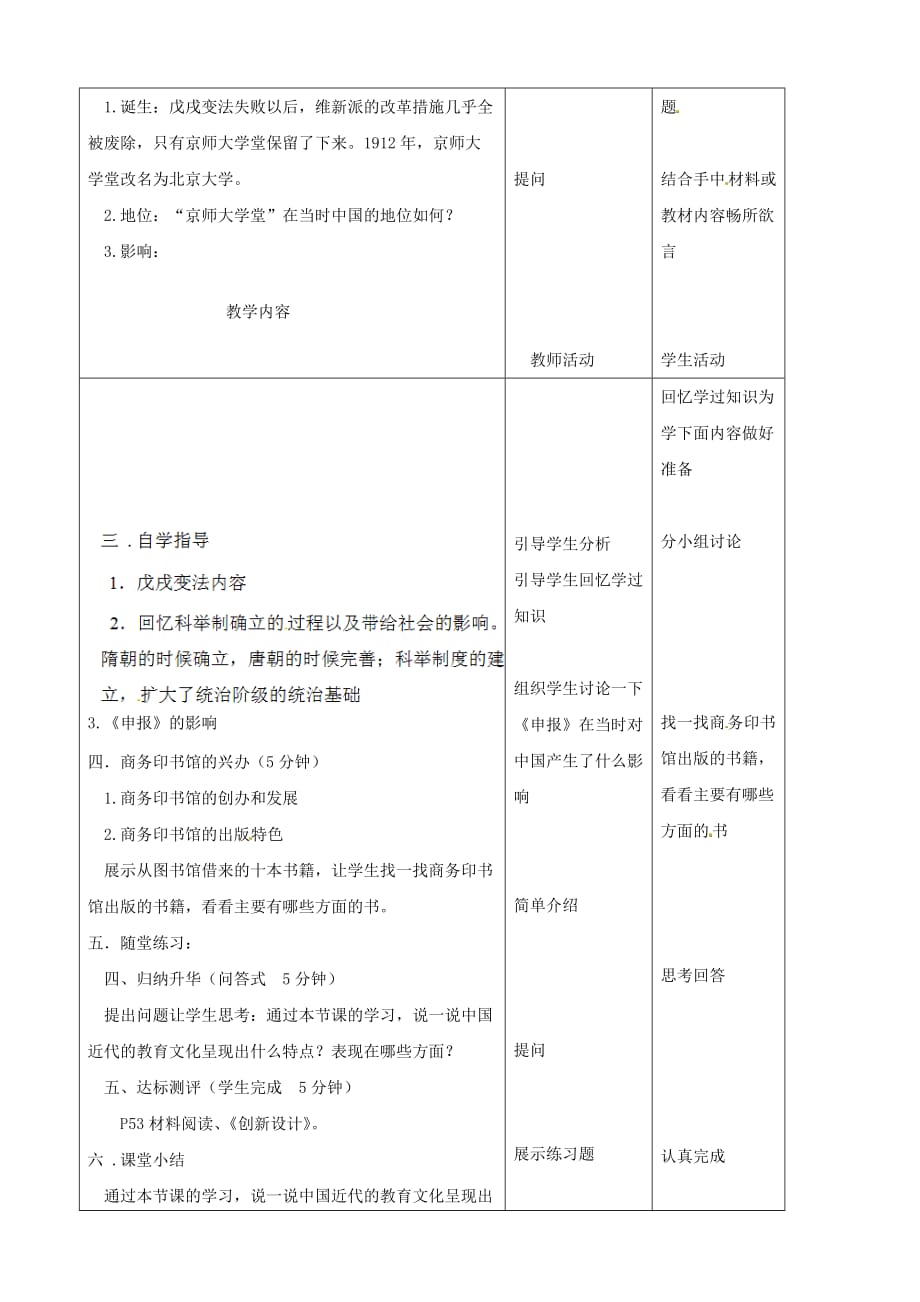 甘肃省酒泉市瓜州县第二中学八年级历史上册 第二单元 第10课 清末民初的文化与教育教学案（无答案） （北师大版）_第2页