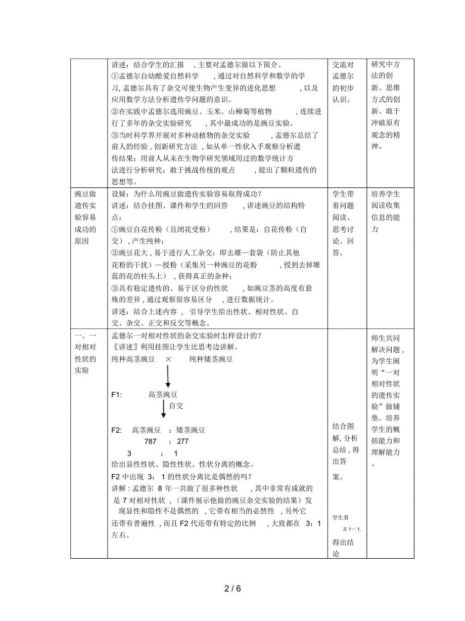 2019最新新人教版高中生物必修2第1节《盂德尔的豌豆杂交实验(一)》教案_第2页