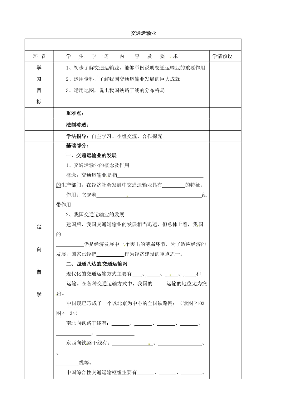 贵州省六盘水市第十三中学八年级地理上册 4.3 交通运输业（第1课时）学案（无答案）湘教版_第1页