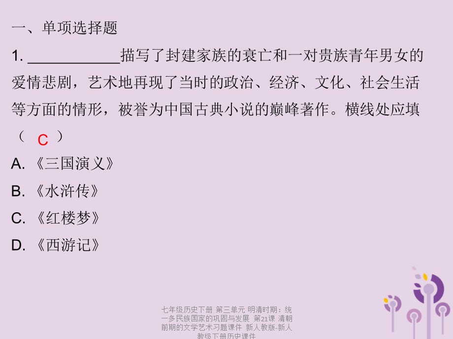 【最新】七年级历史下册 第三单元 明清时期：统一多民族国家的巩固与发展 第21课 清朝前期的文学艺术习题课件 新人教版-新人教级下册历史课件_第2页