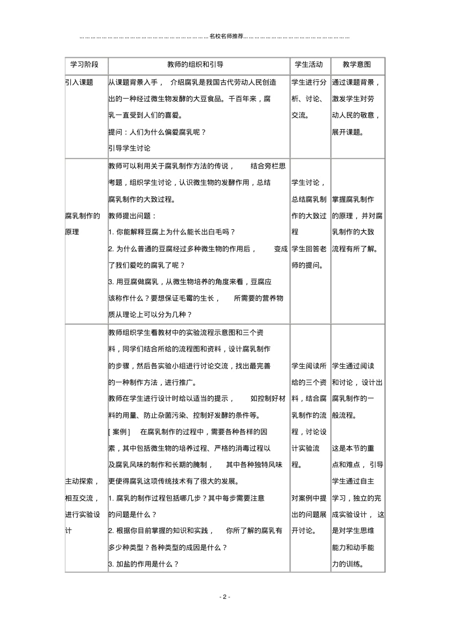 高中生物第三部分生物技术在食品加工中的应用3.9实验九腐乳的制作名师制作优质教案1浙科版选修1_第2页