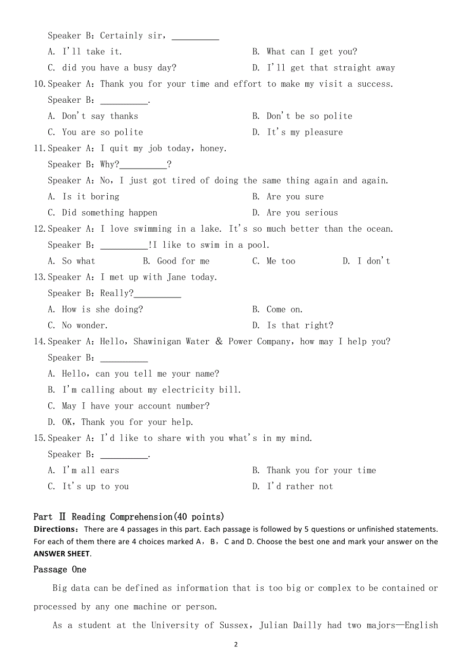 2017年广东省成人高等教育学士学位英语水平考试模拟测验_第2页