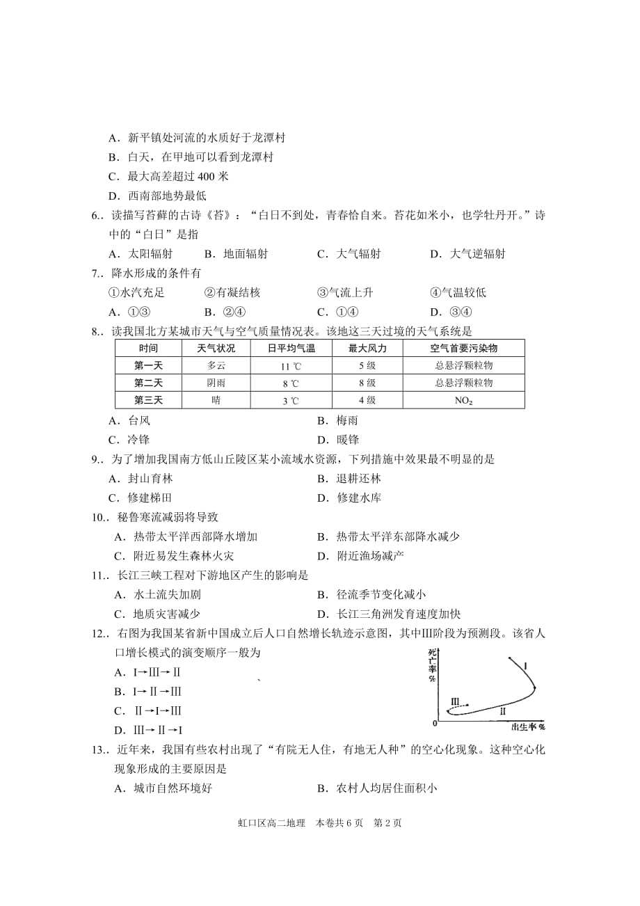 2018年虹口区高二地理等级考模拟测验_第2页