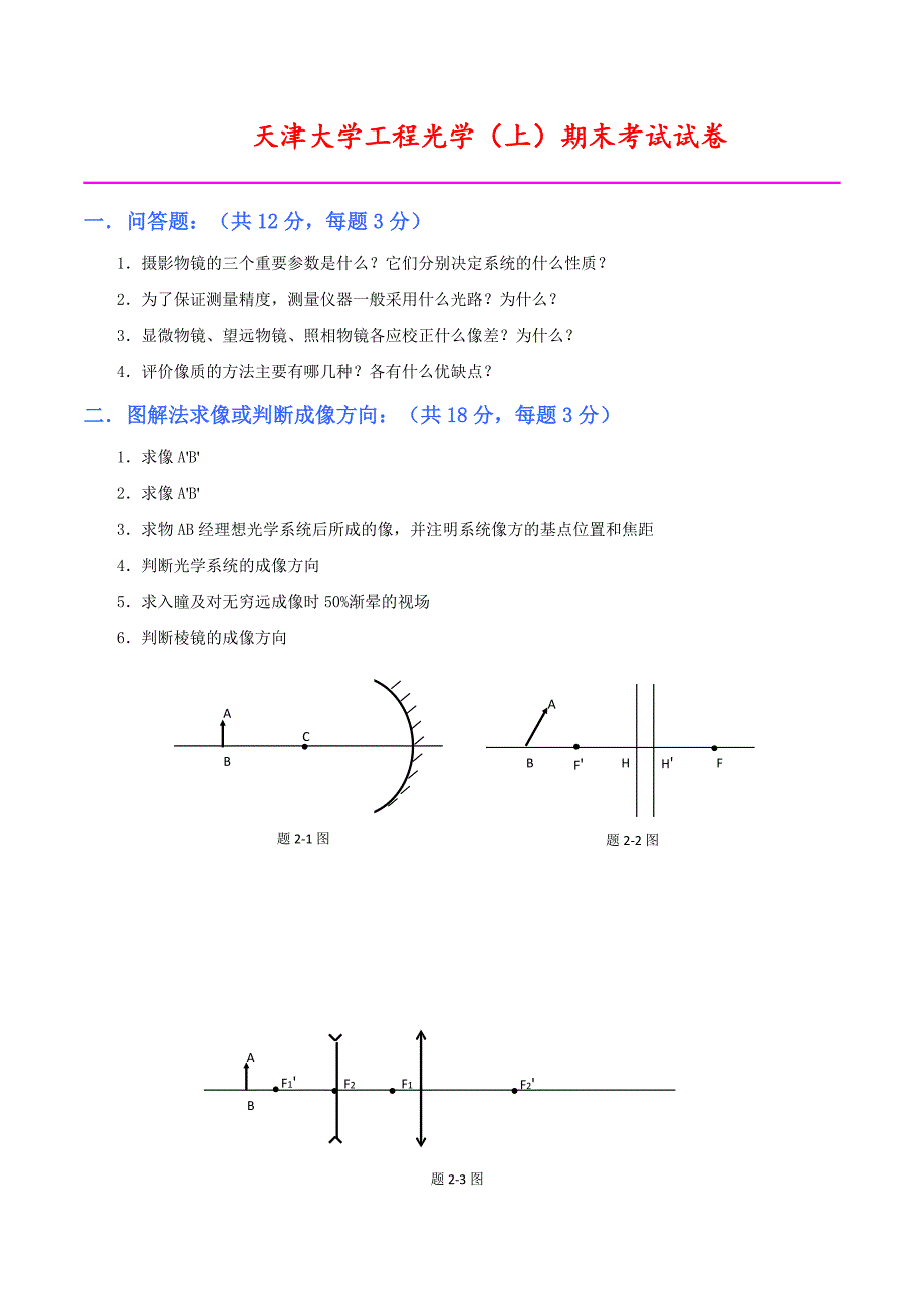 天津大学2014-2015学年工程光学期末考试模拟测验_第1页