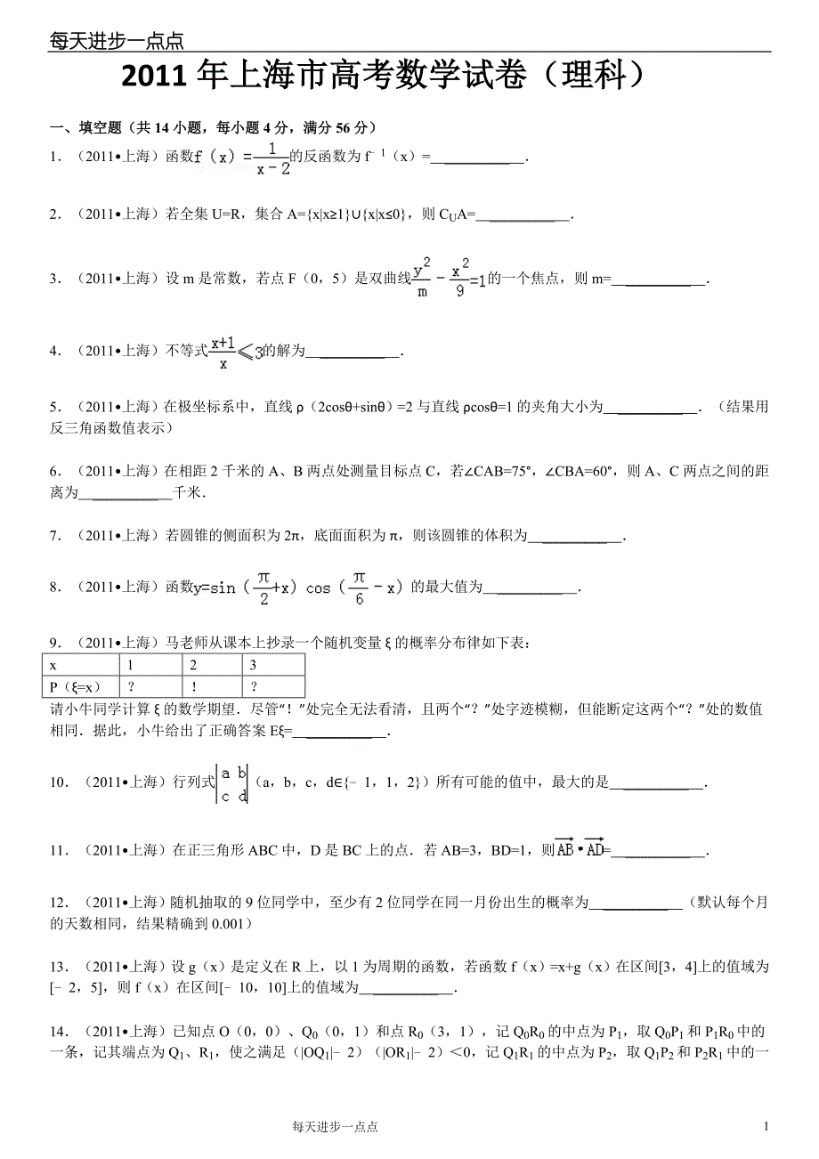 2011年上海市高考数学模拟测验(理科)_第1页