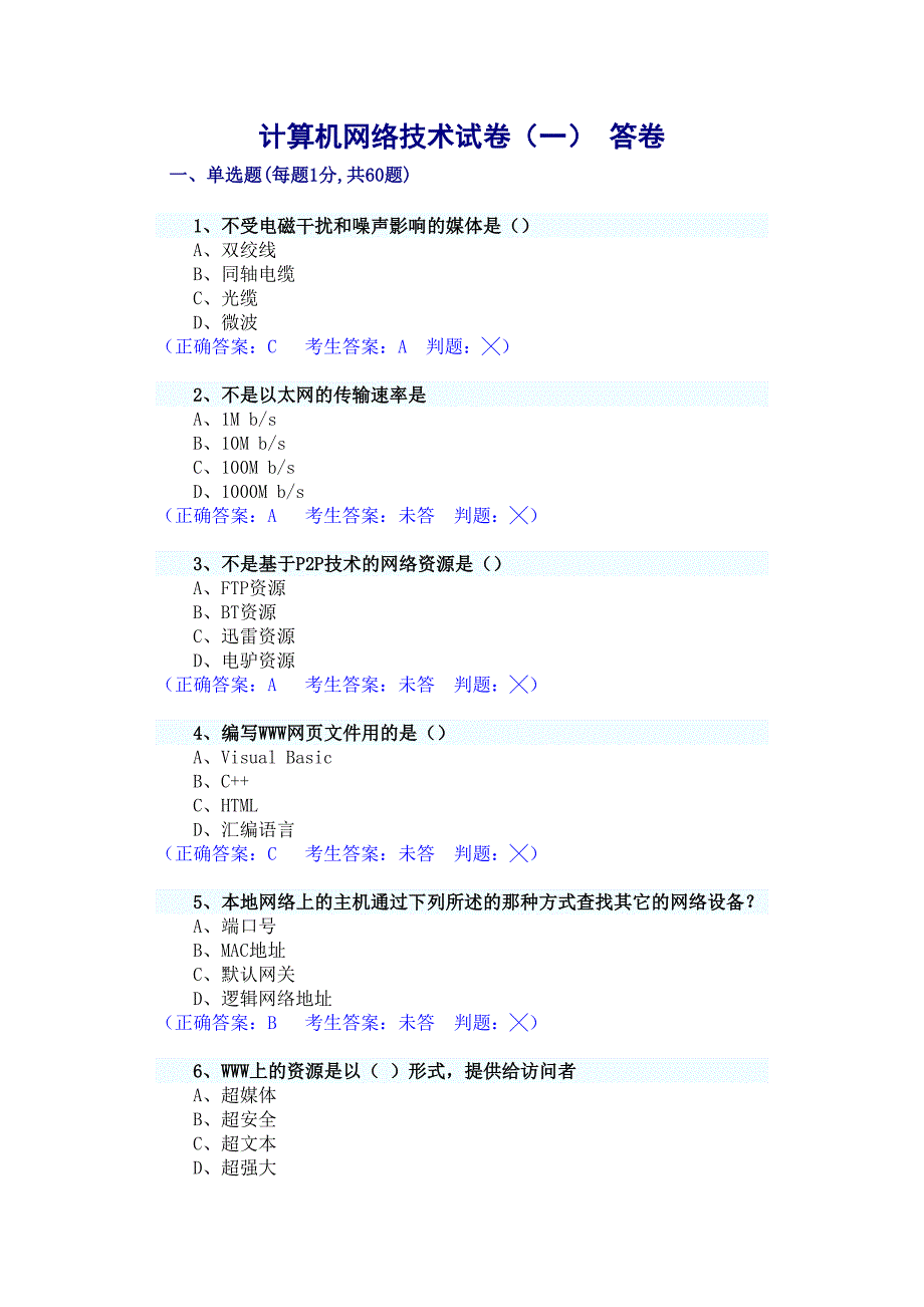 计算机网络技术模拟测验_第1页