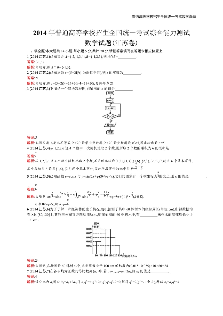 2014年全国普通高考数学(江苏卷)精编解析版纯word版_第1页