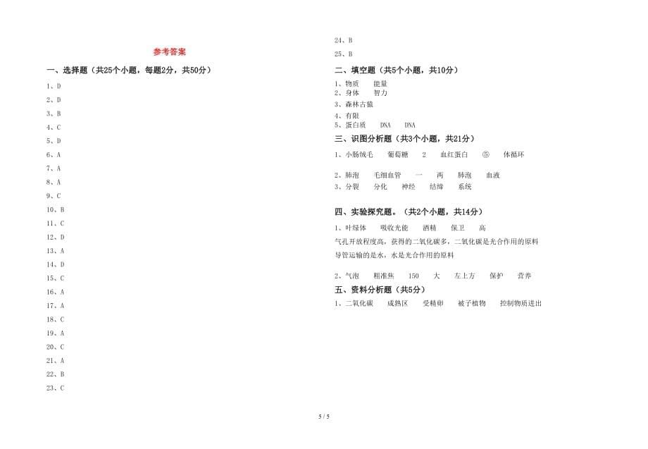 新人教版七年级下册《生物》期中考试题及答案（1）_第5页