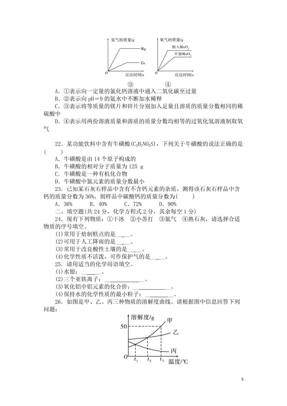 衡阳市初中学业水平测试全真模拟化学试卷(一)（含答案）_第5页