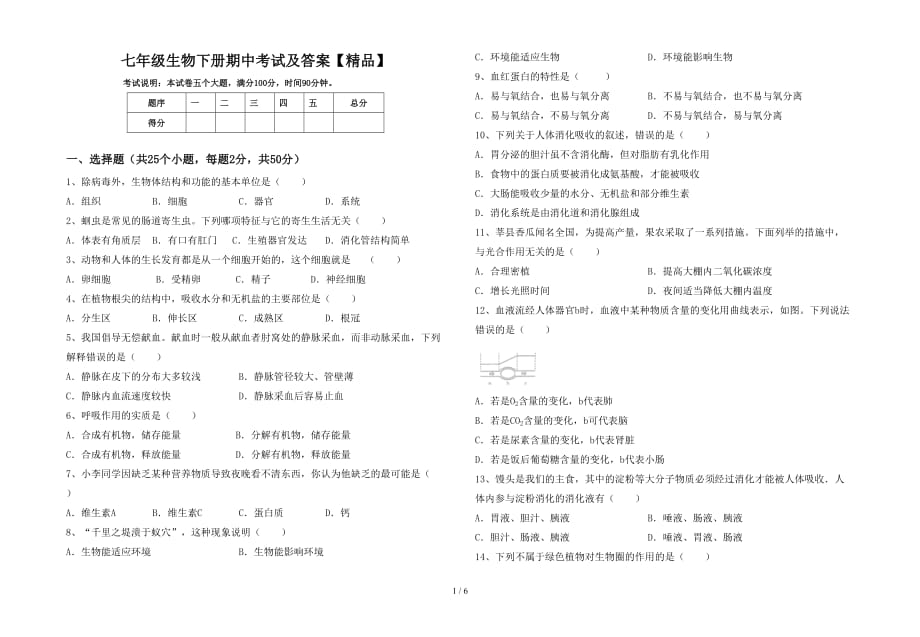 七年级生物下册期中考试及答案【精品】_第1页