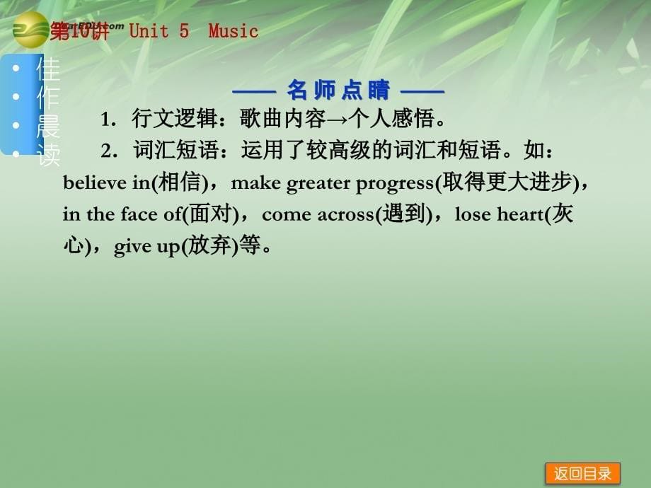 【高考复习方案】届高三英语一轮复习（佳作晨读 基础梳理 考点探析 跟踪训练）第10讲 unit 5 music 新人教版_第5页