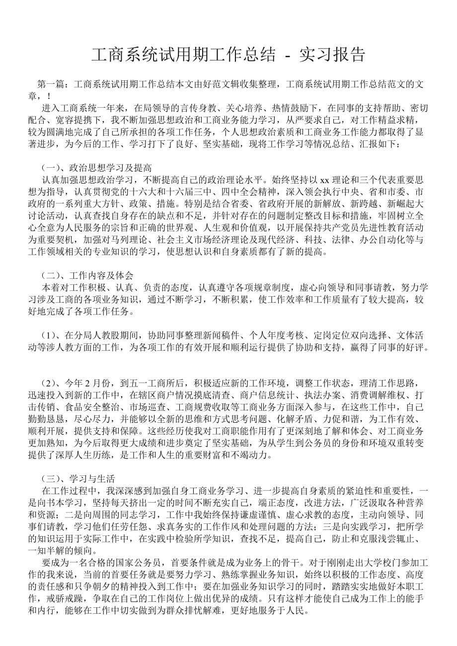 工商系统试用期工作总结实习报告_第1页