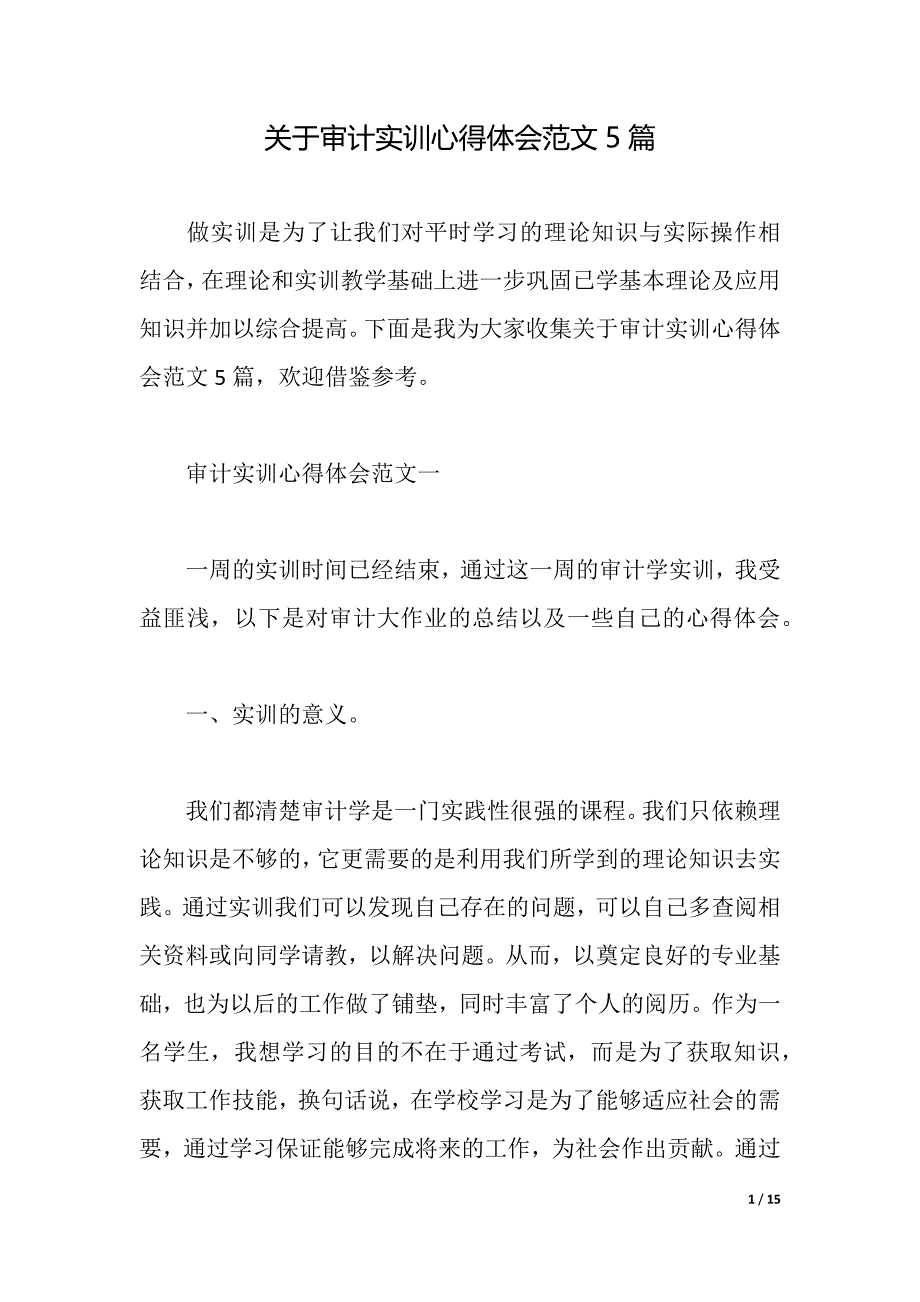 关于审计实训心得体会范文5篇（2021年整理）_第1页