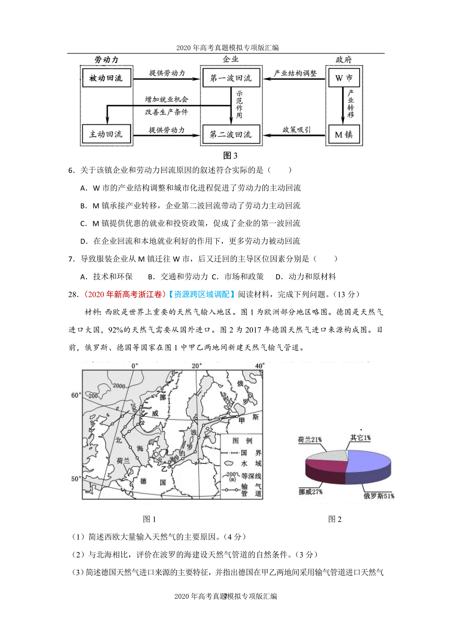 2020年高考真题模拟专项版汇编地理——19资源跨区域调配与产业转移（学生版）_第2页