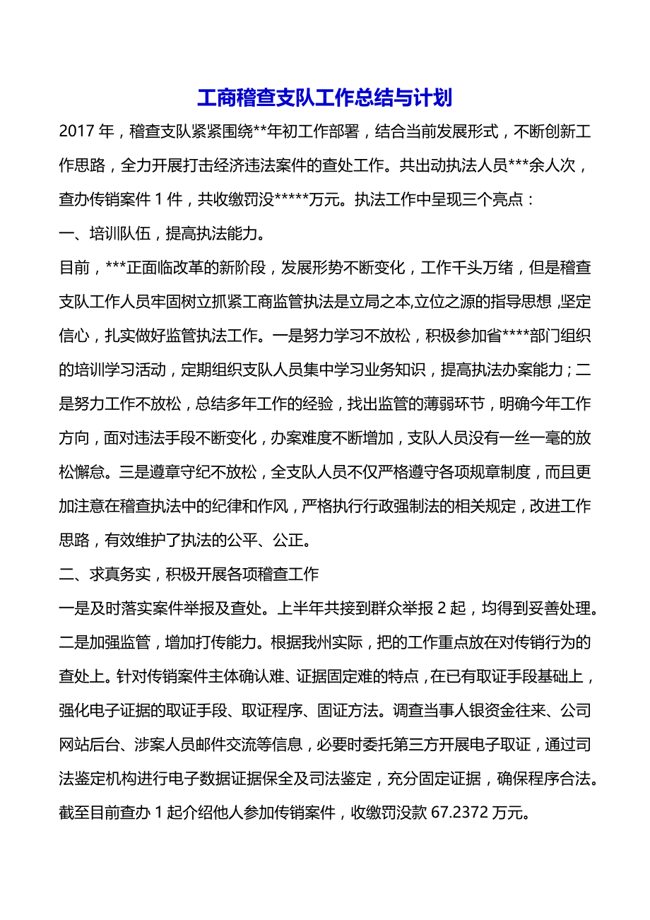 工商稽查支队工作总结与计划（2021年整理）_第2页