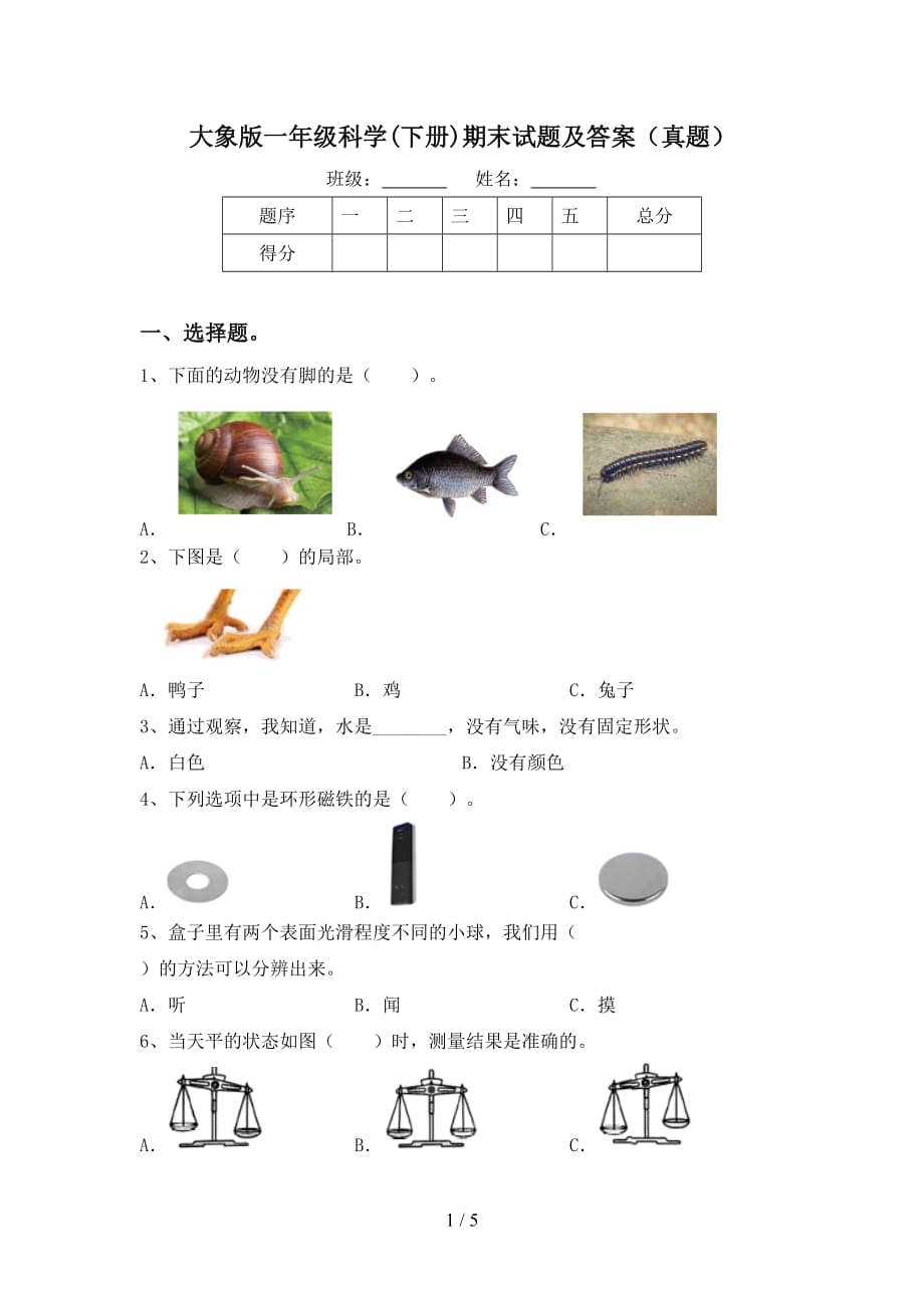 大象版一年级科学(下册)期末试题及答案（真题）_第1页