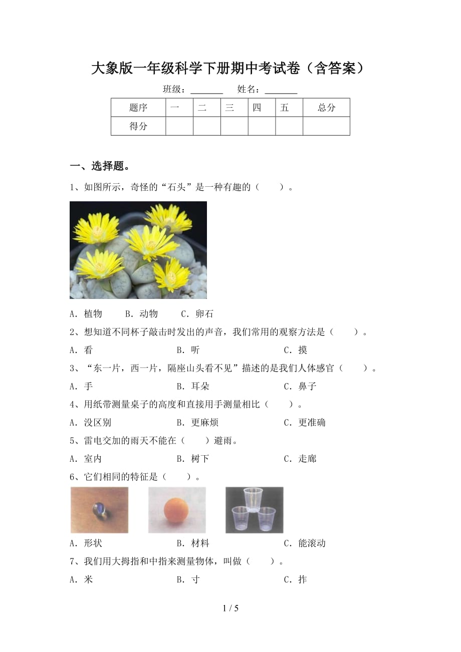 大象版一年级科学下册期中考试卷（含答案）_第1页