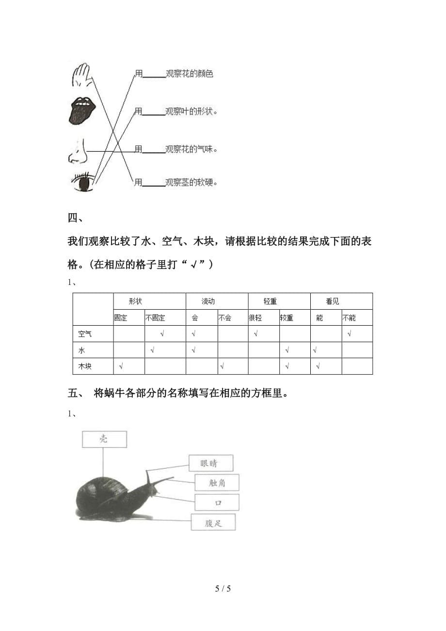 大象版一年级科学(下册)期中调研卷及答案_第5页