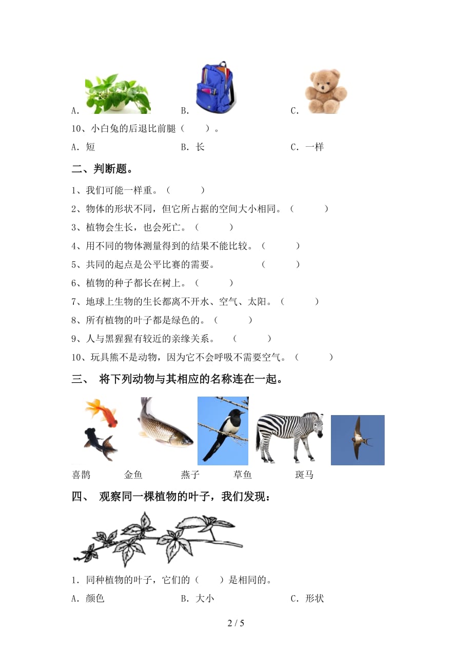 人教版一年级科学下册第一次月考考试卷附答案_第2页