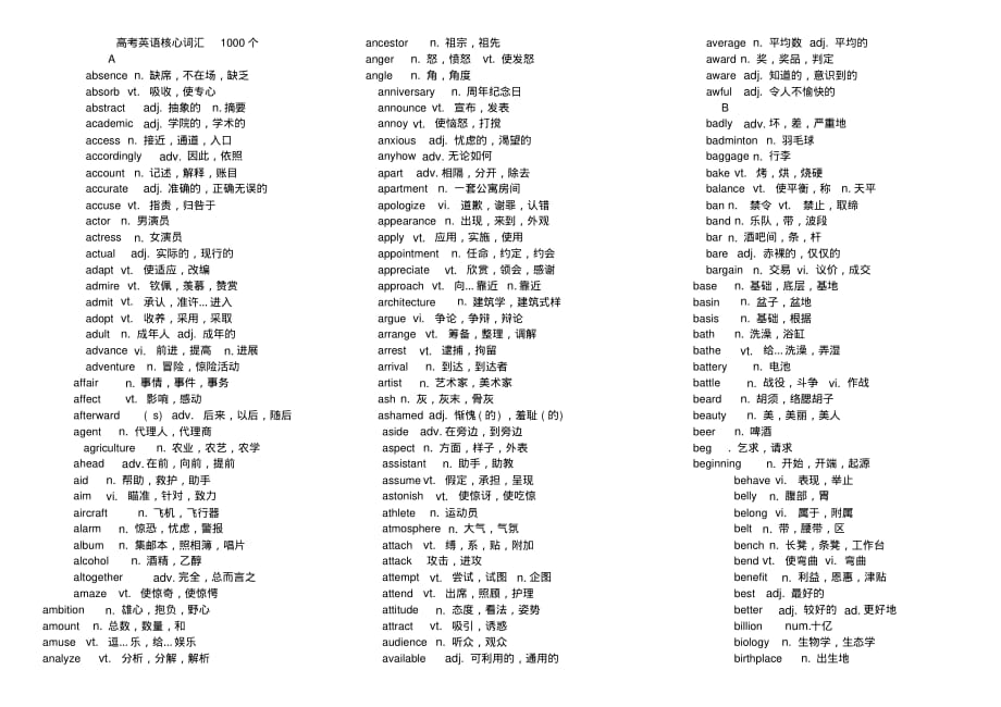 高考英语核心词汇个打印版.._第1页