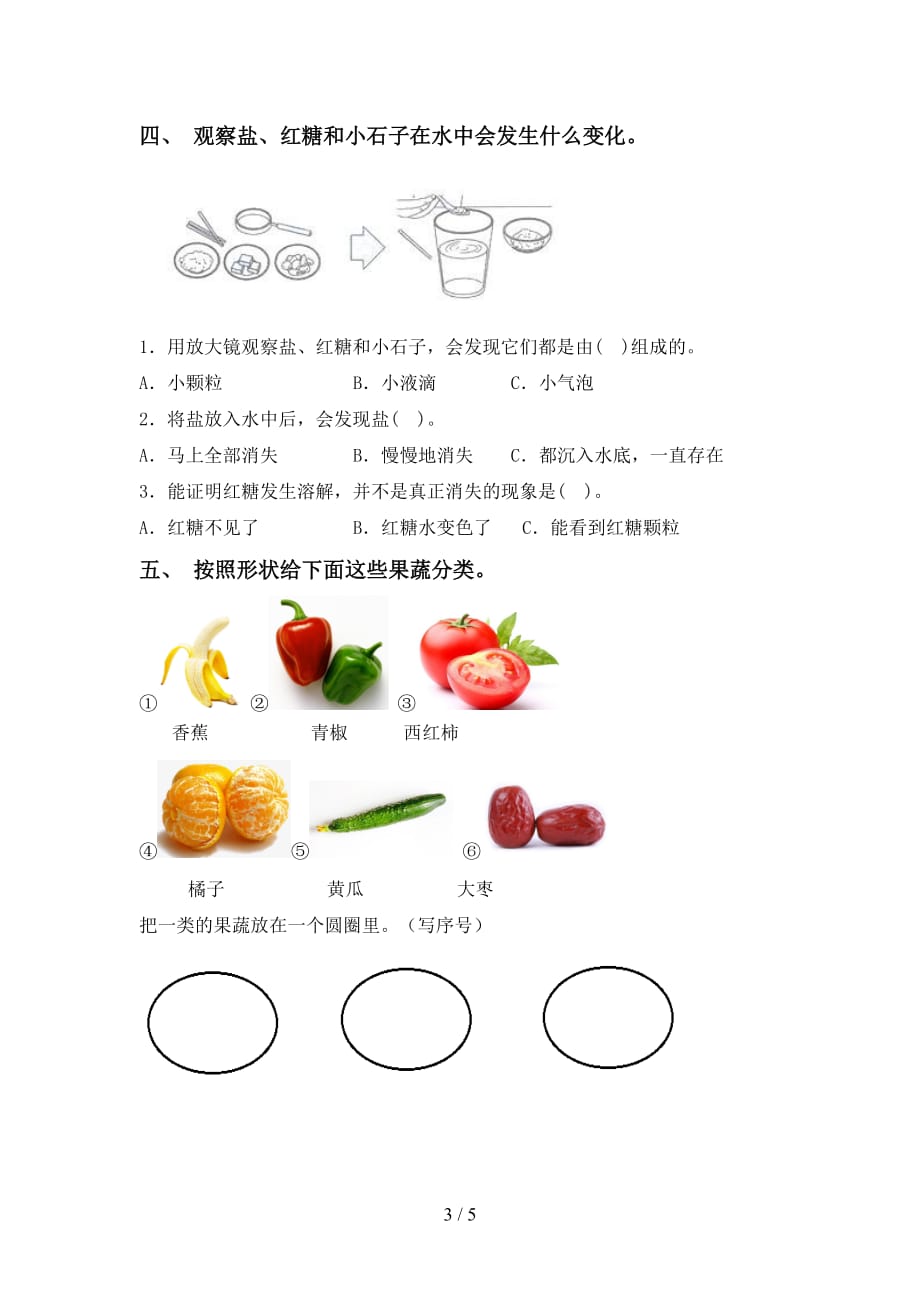 大象版一年级科学下册期中考试卷（带答案）_第3页