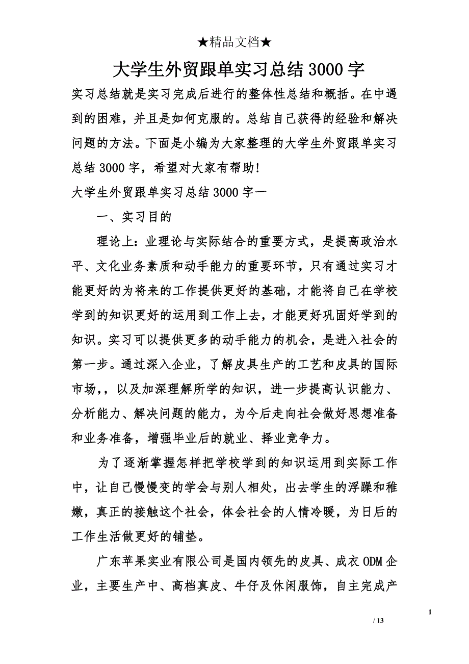 大学生外贸跟单实习总结3000字13页_第1页