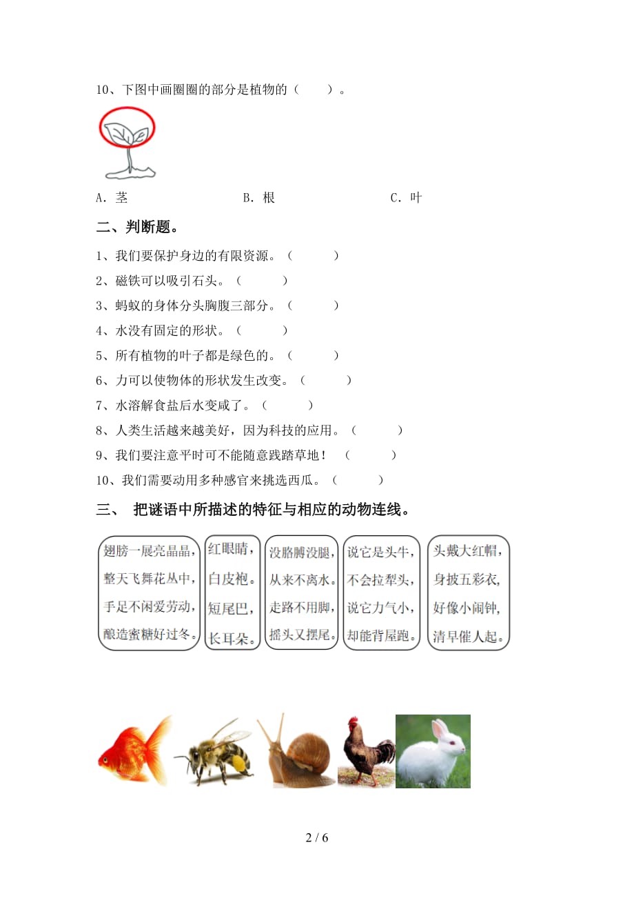 苏教版一年级科学下册期末试卷（精编）_第2页