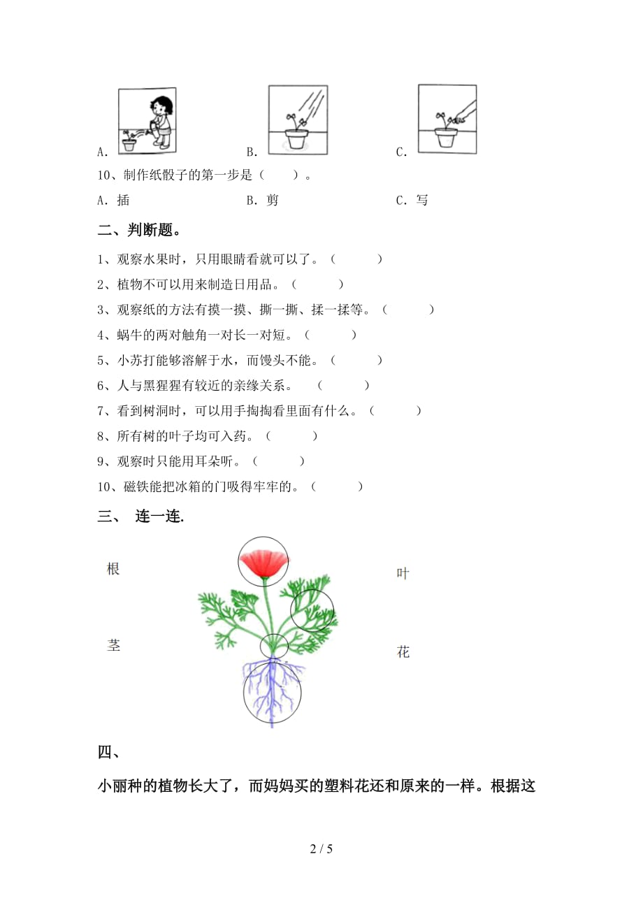 最新教科版一年级科学下册期末测试卷（下载）_第2页