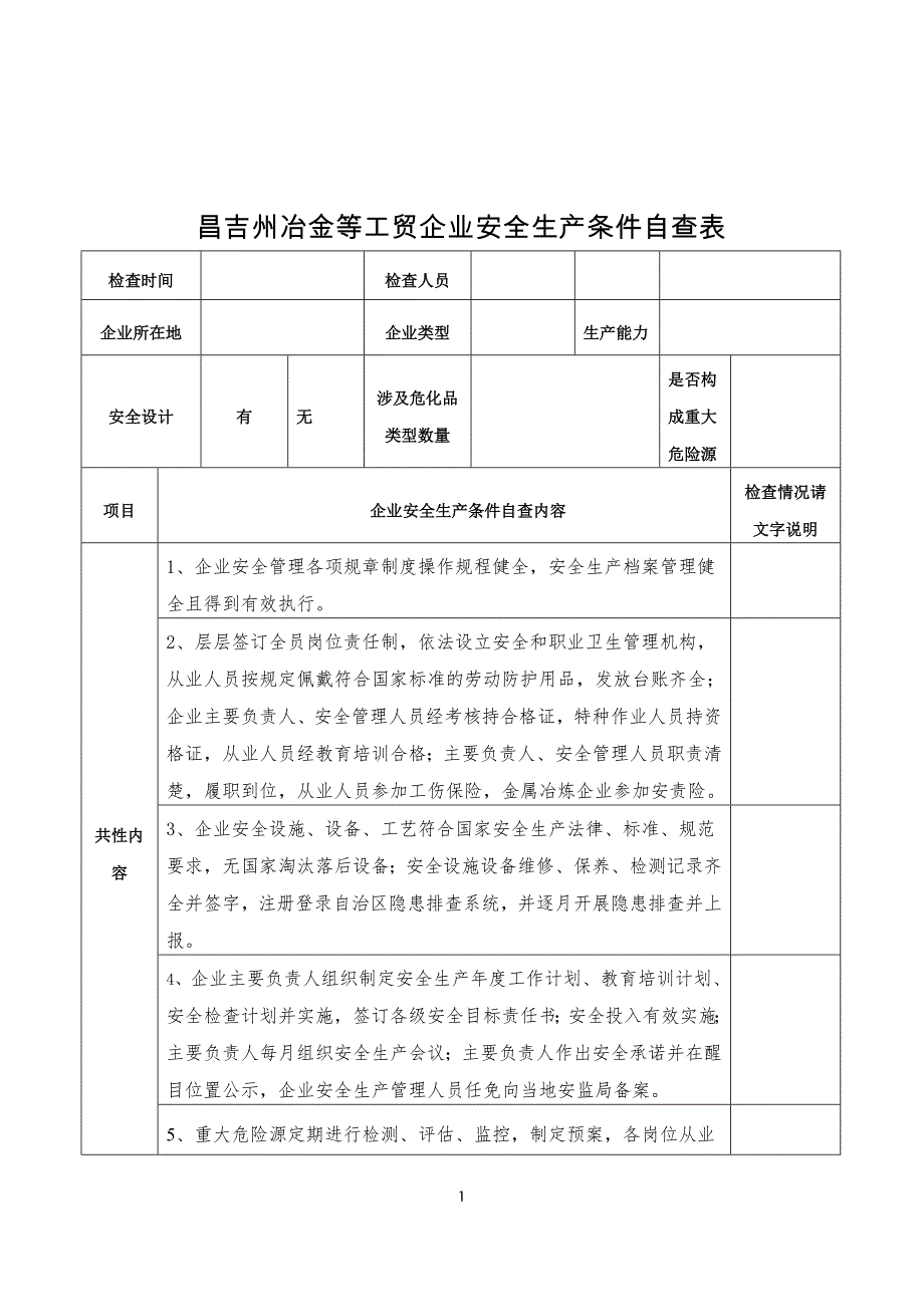 昌吉州冶金等工贸企业安全生产条件自查表_第1页