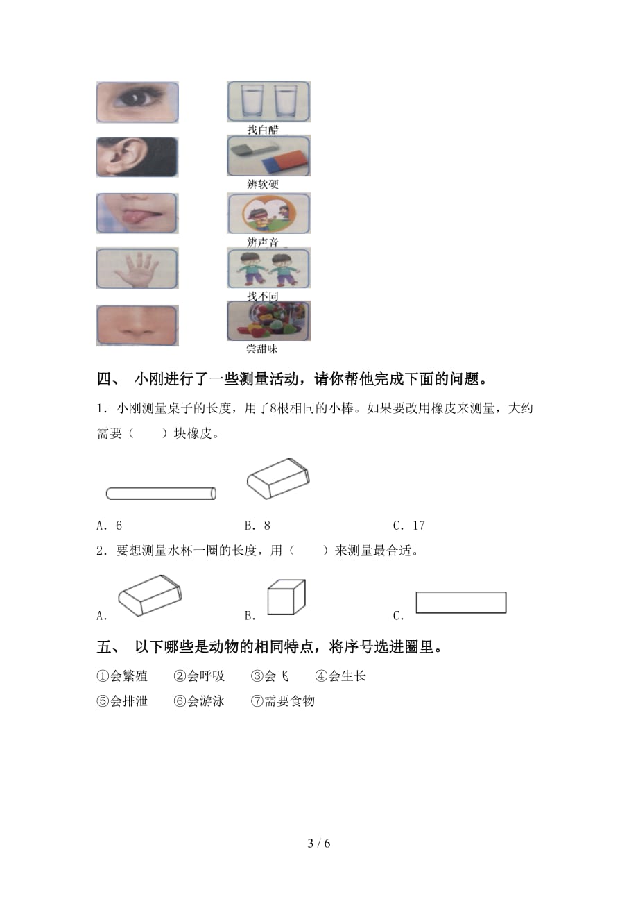 苏教版一年级科学下册第一次月考试卷及答案【完整版】_第3页