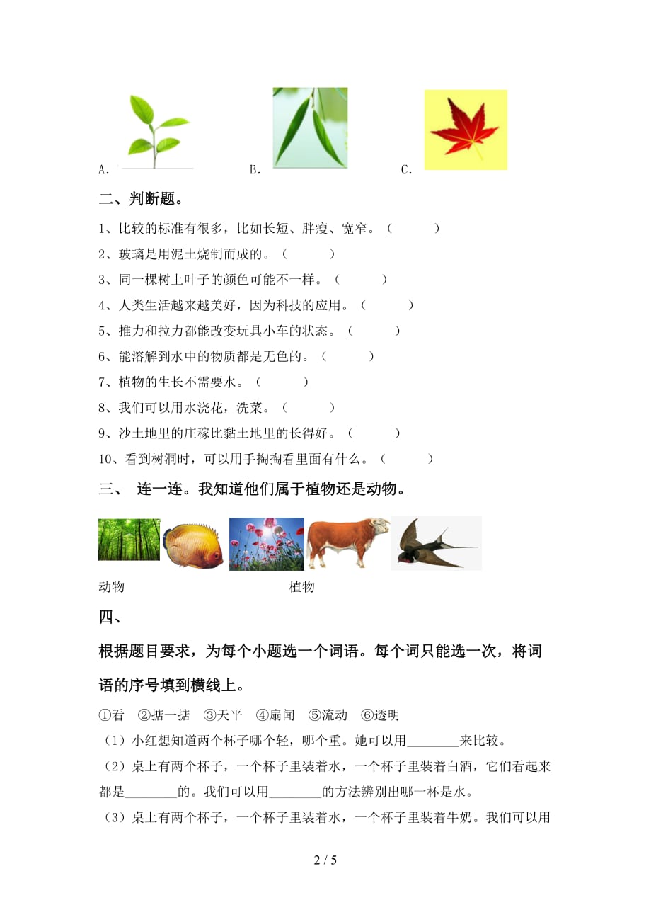 最新教科版一年级科学下册期中试卷及答案【最新教科版】_第2页