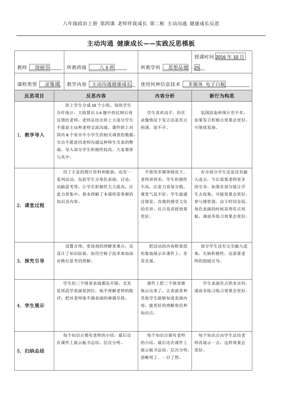 饶丽芬第四次作业主动沟通健康成长实践反思模板_第1页