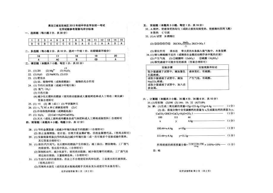 2013黑龙江省龙东地区中考化学试题及评分标准_第5页