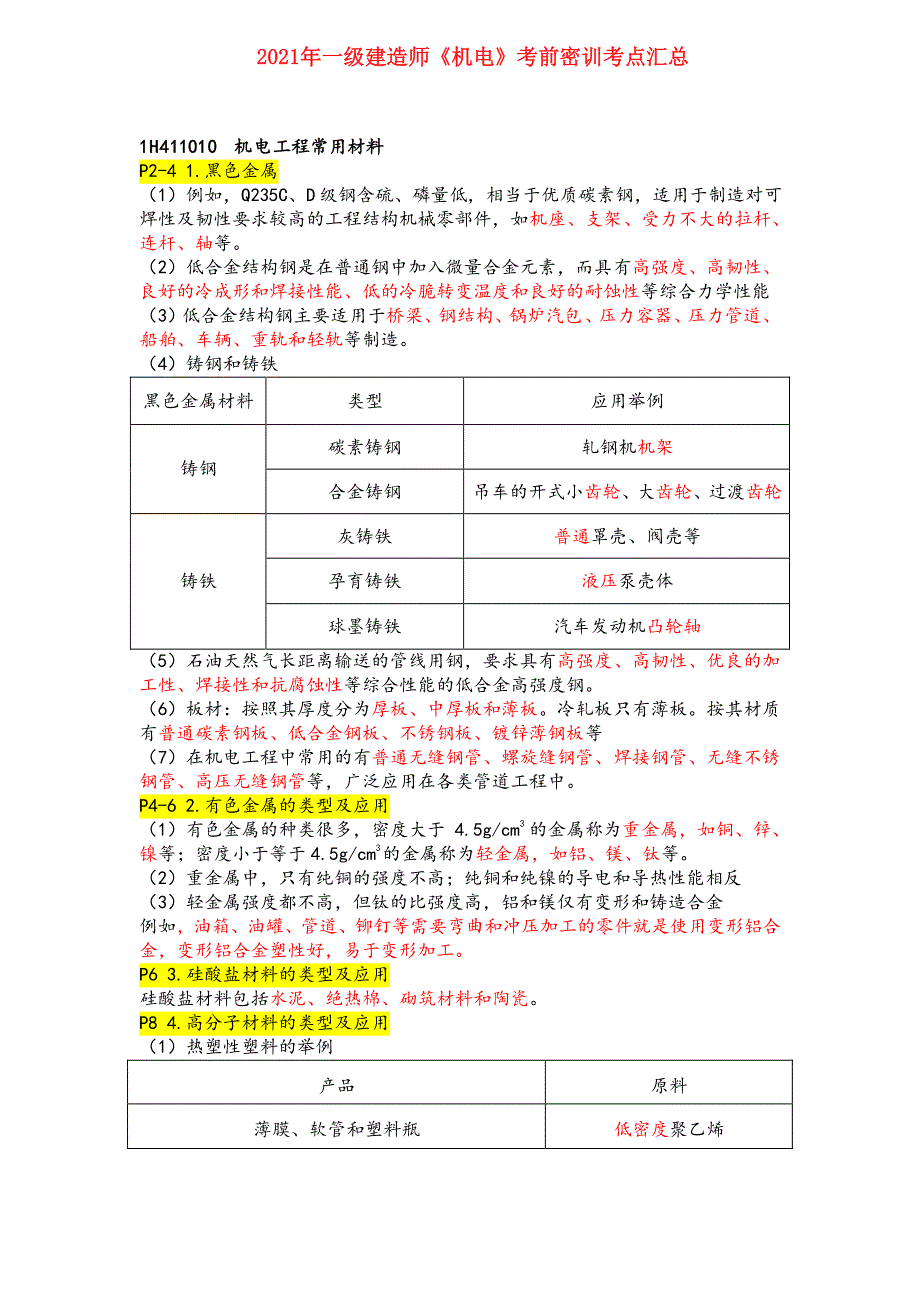 2021年一级建造师《机电实务》考前密训考点汇总_第1页