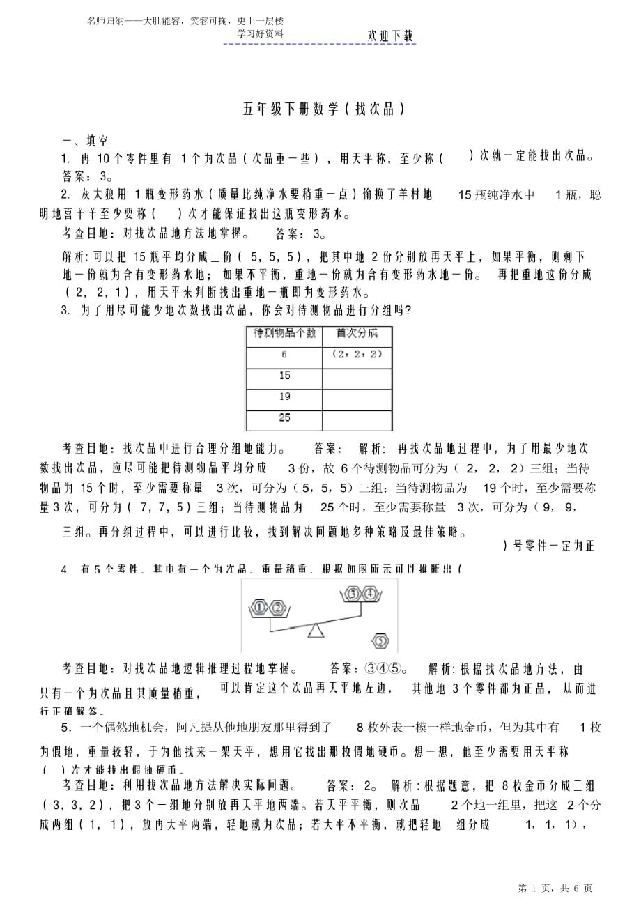 2021年五年级下册期末数学(找次品)最全面_第1页