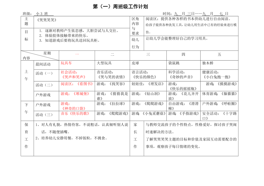 幼儿园小班秋季学期全册教学设计(含1-20周周计划及教案)_第2页