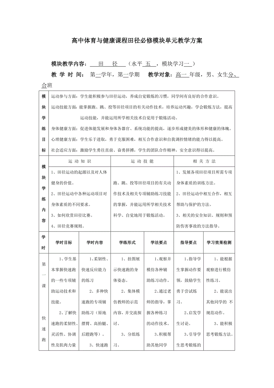 高中体育与健康课程田径必修模块单元教学方案_第1页