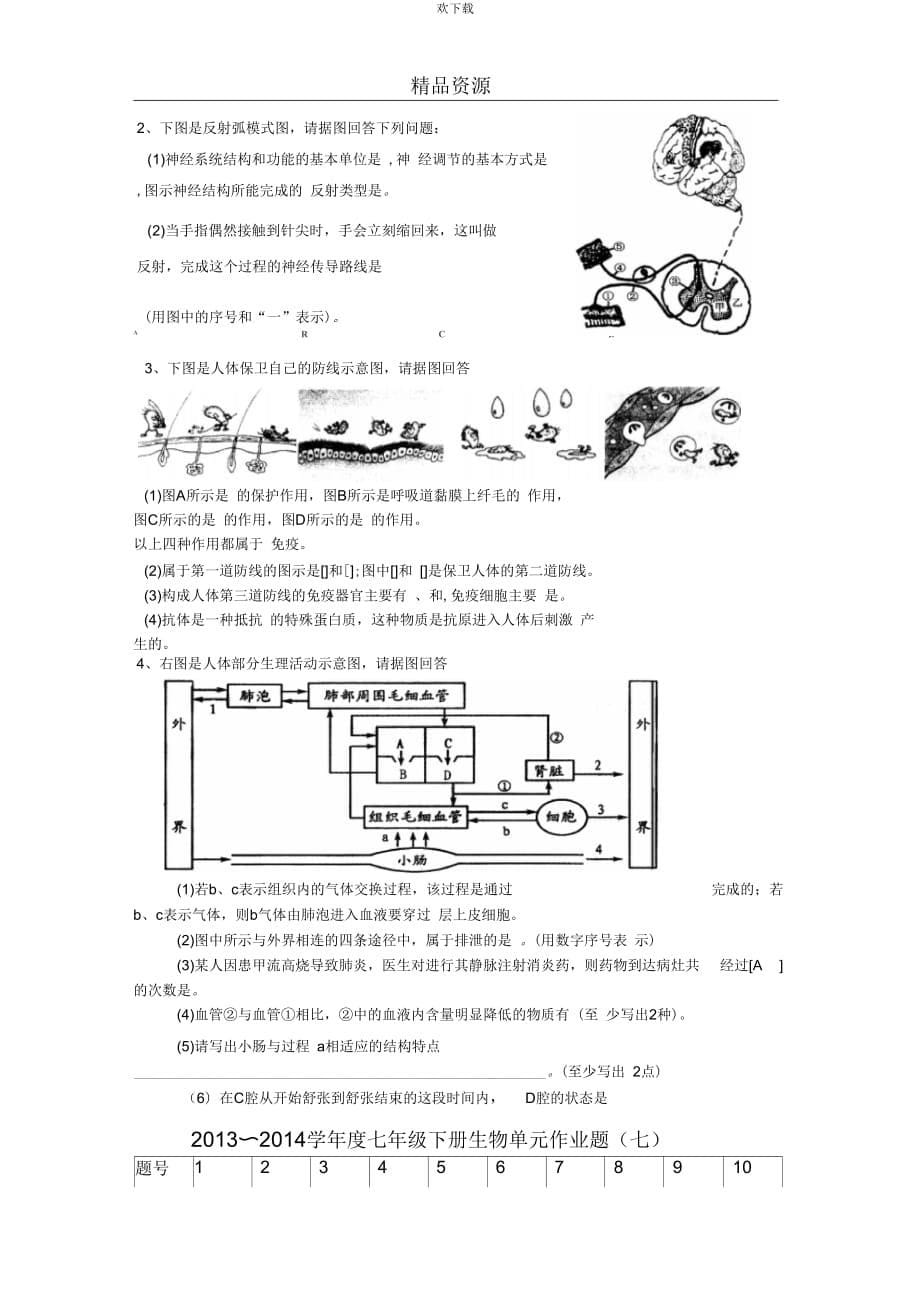 山东省汶上县2013-2014学年度七年级下册生物单元检测试卷7_第5页