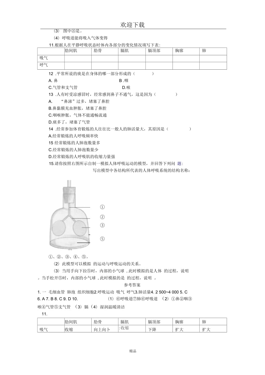 (生物苏教版)七年级下册一课一练：4.10.3人体和外界环境的气体交换_第2页