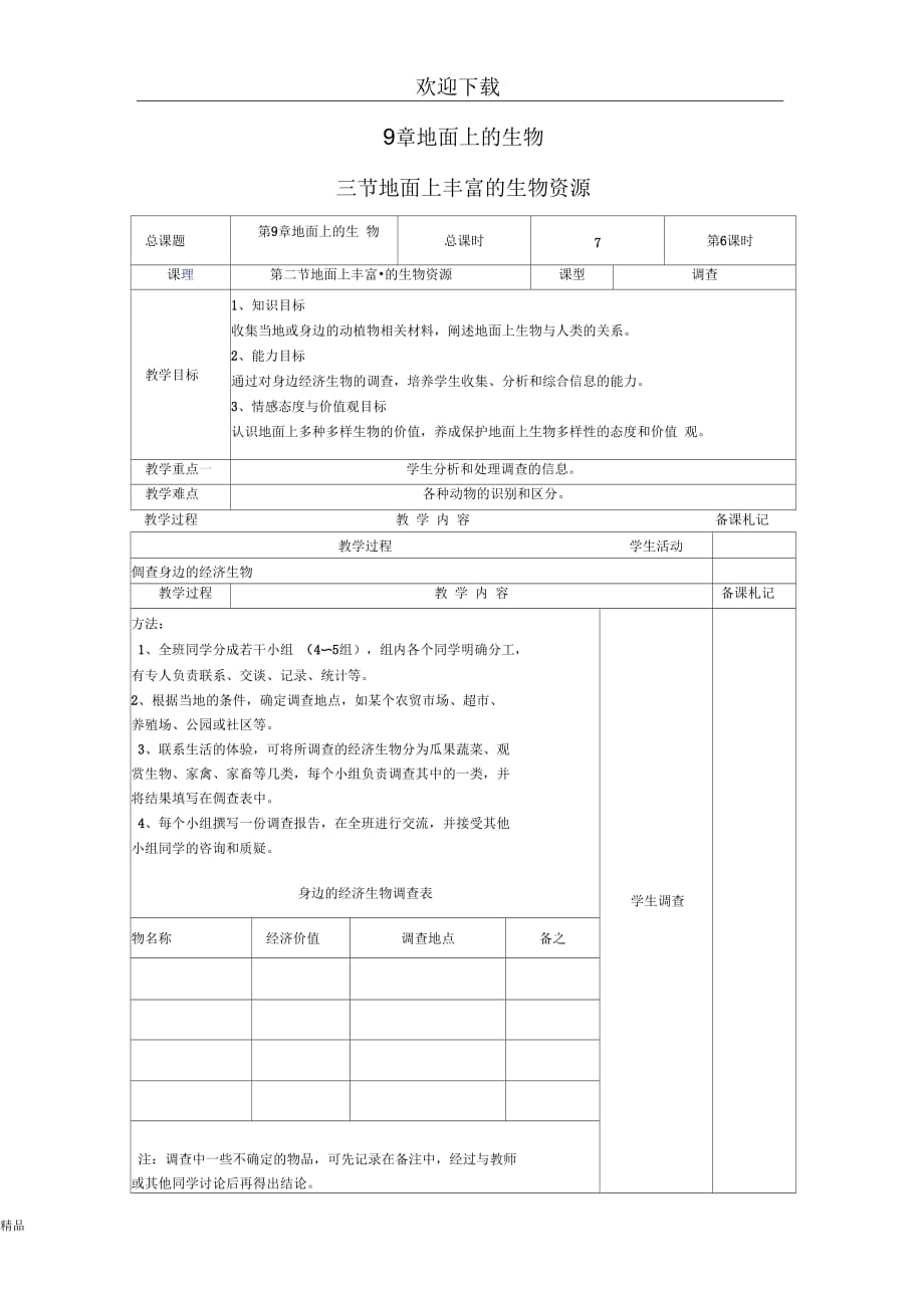 (生物苏科版)七年级下册教案：地面上丰富的生物资源(一)_第1页